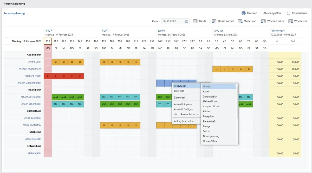 Personaleinsatzplanung in Timework: Wochenansicht mit Mitarbeitern und Schichten