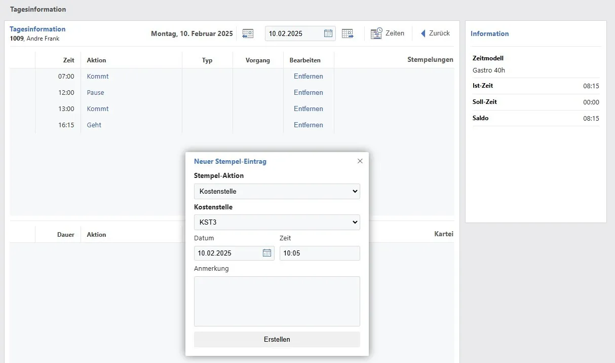 Timework Tagesinformation: Stempelungen Kommt, Pause und Geht mit Ist-Zeit, Soll-Zeit und Saldo im Zeitkonto